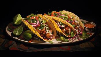 Generative AI illustration of tacos for food commercial, blank background photo