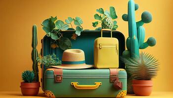illustration of travel suitcases, mumka and summer hat, with houseplants, composition for tourism and travel banner in bright colors uplite, copy space photo