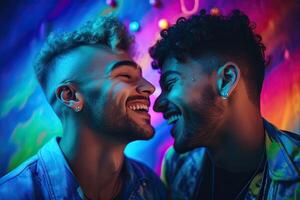 Generative AI illustration of smiling couple gay, LGBT concept, positive and joyful. Neon club color background photo