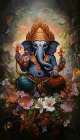 Generative AI illustration of Ganesha Hindu God, with flowers, oil painting taken up into heaven, sitting in front of bokeh mandala background photo
