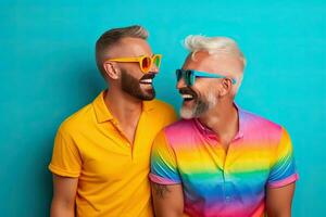 Generative AI illustration of smiling couple gay, LGBT concept, positive and joyful. Rainbow color background photo