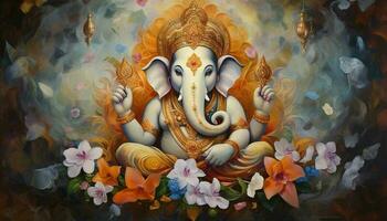 Generative AI illustration of Ganesha Hindu God, with flowers, oil painting taken up into heaven, sitting in front of bokeh mandala background photo