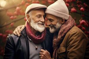 illustration of a married, elderly gay male couple embrace each other in a show of love and affection photo