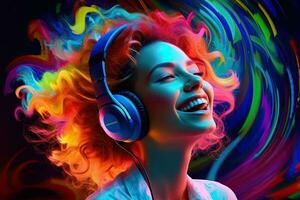 Generative AI illustration of smiling woman listening to music - positive and joyful. Solid color neon background photo