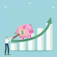 Increase in investment portfolio and savings, profit from bank deposits or shares of companies, growth in the value of innovation and business, man with magnifier near a piggy bank on a growing graph. vector