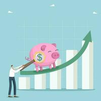 Increase in investment portfolio and savings, profit from bank deposits or shares of companies, growth in the value of innovation and business, man with magnifier near a piggy bank on a growing graph. vector