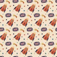 Vector seamless pattern with constellations, shooting star, rocket, black hole. Cute baby sky patterns in warm colors. Pastel wallpaper, repeating background.