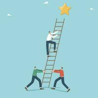 Help and cooperation to achieve goals and success, teamwork for highest result in work, brainstorming to create business ideas or strategies, men hold a ladder while their friend climbs up to star. vector