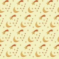 Vector seamless pattern with constellations, falling star, moon. Cute baby sky patterns in warm colors. Pastel wallpaper, repeating background.