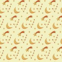 Vector seamless pattern with constellations, falling star, moon. Cute baby sky patterns in warm colors. Pastel wallpaper, repeating background.