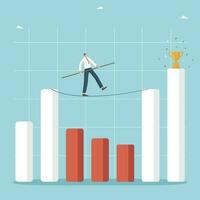 Choosing right strategy for increasing income and profits during economic crisis, analyzing and predicting changes in business, recovering a business after a recession, man walks a tightrope on graph. vector