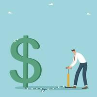 Financial and economic improvement, increase in the value of foreign exchange, growth in income and wages, increase in profits from investment and innovation, man inflates the dollar sign with a pump. vector