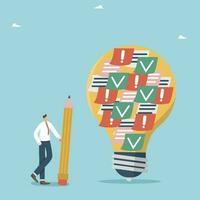 Creative thinking and brainstorming to achieve goals, a big idea for solving business problems, searching for new opportunities and directions, man stands with a pencil near a light bulb with stickers vector