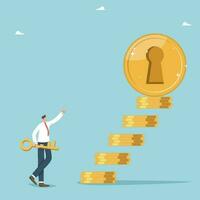 Secret key or methods to achieve wealth, income and wage growth, investment portfolio profitability, business profitability, increase in savings, money management, man with key near coin with keyhole. vector