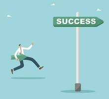 Aspiration and creativity for great success, strategy and ways to achieve goals, hard work to achieve the highest results and career growth, follow new opportunities, man runs on the sign of success. vector