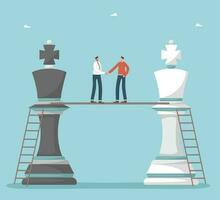 Cooperation and motivation in achieving goals, teamwork for high results, unification and merging, joint result for great success, common strategy for development, men shaking hands on chess pieces. vector