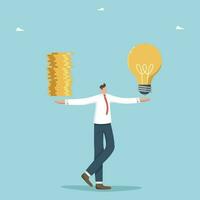 Profitability and payback of innovations, buying intellectual property, investing in creative ideas and startups for income, launching new business projects, man holds coins and a light bulb in hands. vector