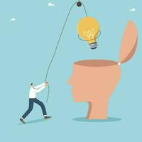 Search of ideas or strategy for creating or developing a business, new opportunities and knowledge to achieve great success, creative approach to solving problems, man puts a light bulb in a big head. vector