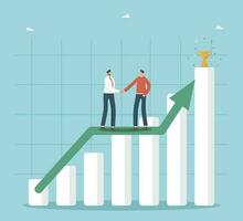 Collaboration in achieving goals, partnership for income and profit growth, teamwork to achieve heights in work, motivation for great success, two businessmen shaking hands on a growing graph arrow. vector