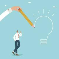 Creative ideas and innovation, thought process and brainstorming for success, logic and intelligence in making important decisions, a big hand draws a light bulb with a pencil next to a thinking man. vector