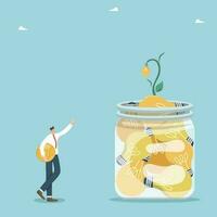 Buying intellectual property, investing in innovation for profit, investing in creative ideas and startups for the development of small and medium businesses, man with coin near a jar of light bulbs. vector