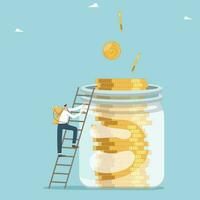 Path to financial independence, win the competition and increase the value of your business, growth in interest on bank deposits, return on investment, man with cup climbs the stairs to jar of coins. vector