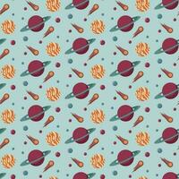 Vector seamless pattern with constellations, falling star, comet, planets. Cute baby sky patterns in warm colors. Pastel wallpaper, repeating background.