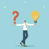 Brainstorming to solve business problems, creativity and intelligence to create new ideas and opportunities, thought process and logic to achieve goals, man holds question mark and light bulb in hands vector