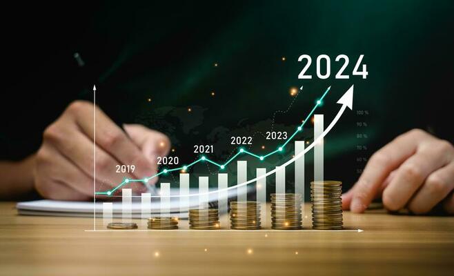 financial business growth 2024 concept. businessperson calculate income and profit on investments and an increase in the indicators of positive growth, with virtual holographic chart graph. rich, coin 26268067 Stock Photo at Vecteezy