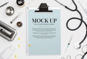 Doctor medical equipment white backgroud with stethoscope, medical documents, thermometer, syringe and pills with copy space mockup template psd