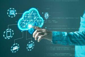 man touch cloud computing diagram show on hand.Data storage.the use of online digital network technology in business, buying and selling commerce online digital marketplace photo