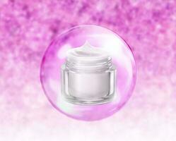 Cosmetic container cream and giant soap bubbles in 3D illustration photo