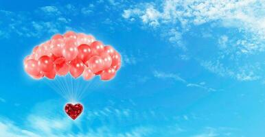 Red heart-shaped diamond and red balloons bright sky background valentines day concept photo