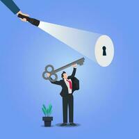 Hand holding flashlight to look a keyhole and businessman holding giant key. Finding business or problems solution concept design vector illustration