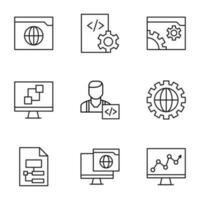 Collection of vector isolated signs drawn in line style. Editable stroke. Icons of globe, coding, programming, technology