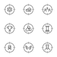 Vector outline signs and symbols drawn in flat style with black thin line. Editable strokes. Line icons of gear, house, people, megaphone inside of target