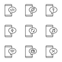 vector contorno señales y símbolos dibujado en plano estilo con negro Delgado línea. editable trazos línea íconos de programación, desarrollando, exclamación en burbuja por teléfono