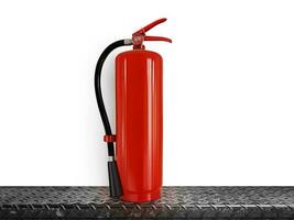 Fire extinguisher on steel background  white back photo