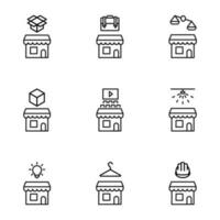 Vector outline signs and symbols drawn in flat style with black thin line. Editable strokes. Line icons of open box, suitcase, scales, cube, cinema hall and other items over shop