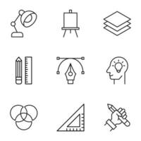 Collection of vector isolated signs drawn in line style. Editable stroke. Icons of table lamp, easel, stack of papers, feather tool, idea, intersected circles, builder