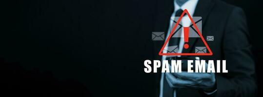 Email concept with laptop spam and virus computer monitor internet security concept, businessman touch electronic mail with bar of Spam, junk and e-marketing on screen, Spam Email Pop-up Warning. photo