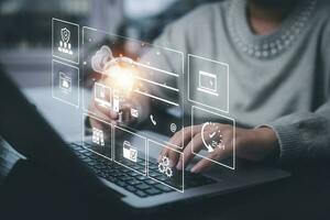 Cloud technology concept Global network of metaverse systems concept, Man hand touch data with internet cloud technology and File Transfer backup copy,Global business  Internet for Telecommunication photo