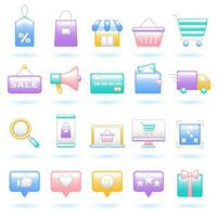 3D Icon Set of Online Shopping Concept. Payment Delivery Satisfaction. Glossy Glass Plastic Pastel Color. Cute Realistic Cartoon Minimal Style. 3D Render Vector Icons UX UI Isolated Illustration.