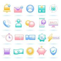 3D Icon Set of Online Shopping Concept. Social Customer Service Promotion. Glossy Glass Plastic Pastel Color. Cute Realistic Cartoon Minimal Style. 3D Render Vector Icons UX UI Isolated Illustration.