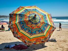 arenoso serenidad - un vibrante paraguas en contra un laminación Oceano - ai generado foto