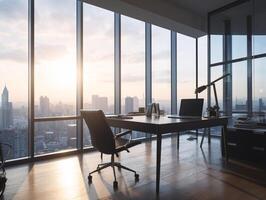 Modern office space with glass walls, city skyline view, minimalist design, stylish desk, comfortable chair, natural light, warm glow - AI generated photo