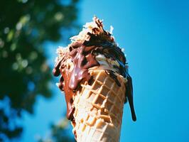 Melting ice cream cone with vanilla and chocolate drips on blue sky and green trees background - photo