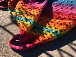 Vibrant Beach Towel Hanging on Line with Sun Shadow - Close-up Texture and Colorful Pattern - photo