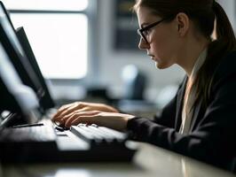 Intense Focus - Close-up of Person Typing on Keyboard in Sleek Modern Office Environment - AI generated photo