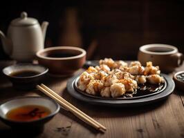 Chinese Dumplings on Rustic Wooden Table with Chopsticks and Soy Sauce - photo